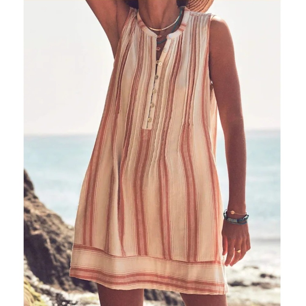 Faherty Isha Striped Pintuck Sleeveless Mini Dress Cotton Womens L Coastal Boho
